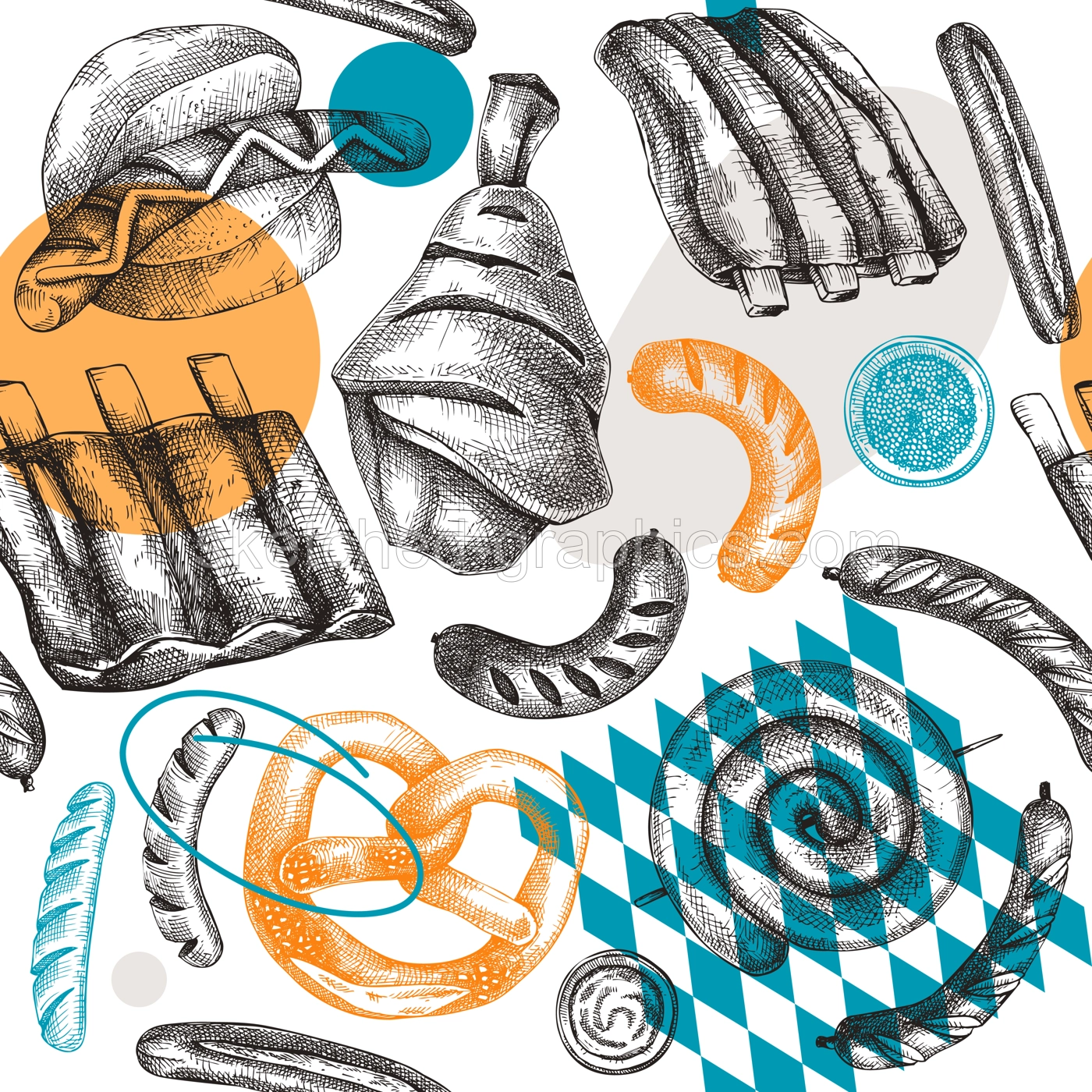 Oktoberfest background with grilled sausage, ribs and pork knuckles sketches. Hand-drawn fast food illustration. Barbeque party sketched design. German food seamless pattern in collage style. Illustration